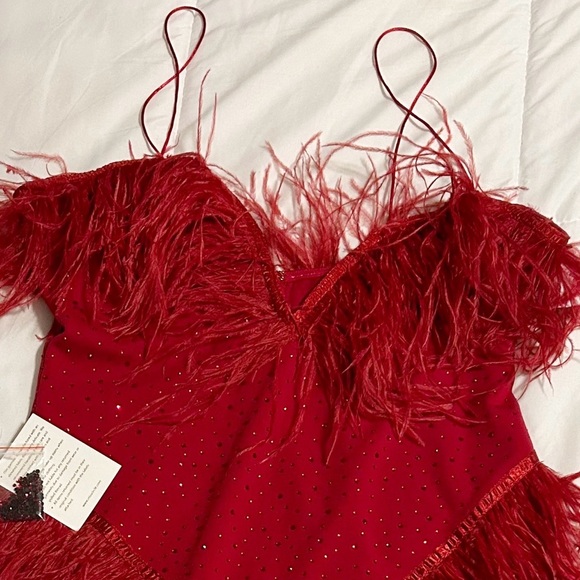 Miss Circle Red Mini Dress XL Crystals Feathers Stretch Holiday Party Dress - Picture 5 of 13